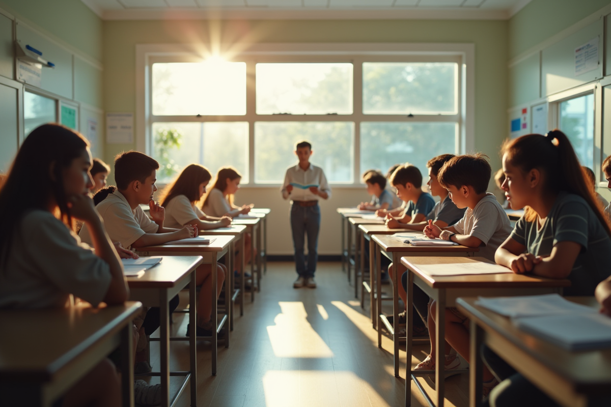 Salle de classe avec élèves de différentes cultures en activité