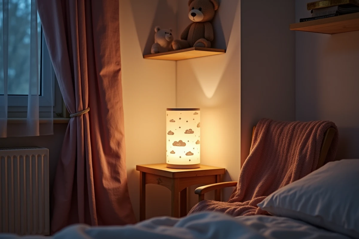 Coin chambre d'enfant au crépuscule avec veilleuse cylindrique personnalisée projetant des motifs d'étoiles sur un mur blanc, étagère en bois et rideau lin rose