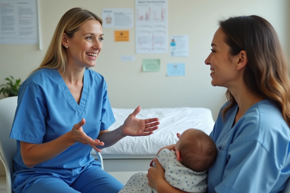 Consultante en lactation rassurant une jeune mère sur les pics de croissance lors d'une consultation postnatale