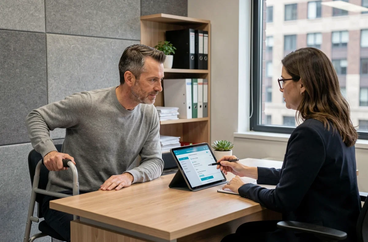 Homme en situation de handicap en consultation avec une assistante sociale discutant des aides financières ARE et ASS dans un bureau professionnel