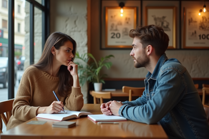 Femme et jeune homme discutent dans un café avec livres
