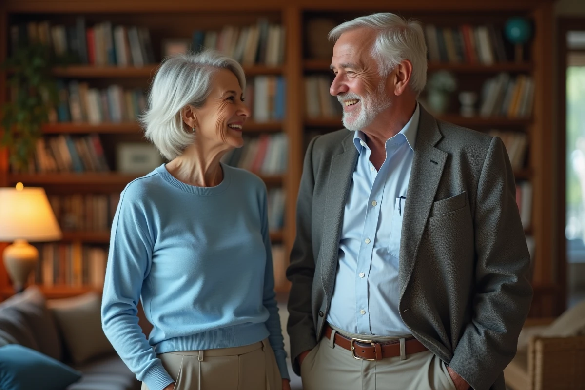 Femme et homme âgés discutant dans un salon chaleureux