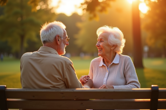 Couple age assis sur un banc ensoleille