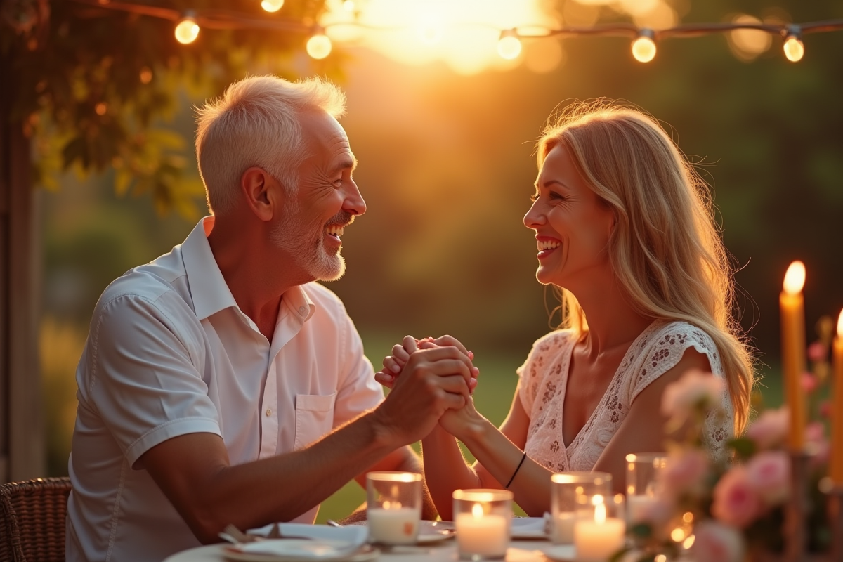 Couple mature souriant lors d'une célébration d'anniversaire en extérieur