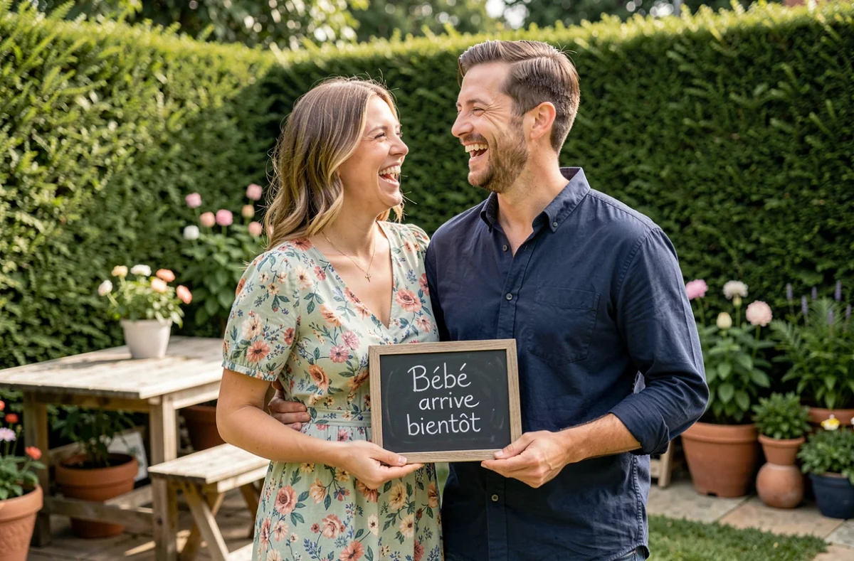 Couple tenant un panneau ardoise annonçant l'arrivée d'un bébé dans un jardin verdoyant pour une vidéo d'annonce de grossesse