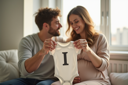 Couple heureux tenant une onesie bébé avec la lettre I