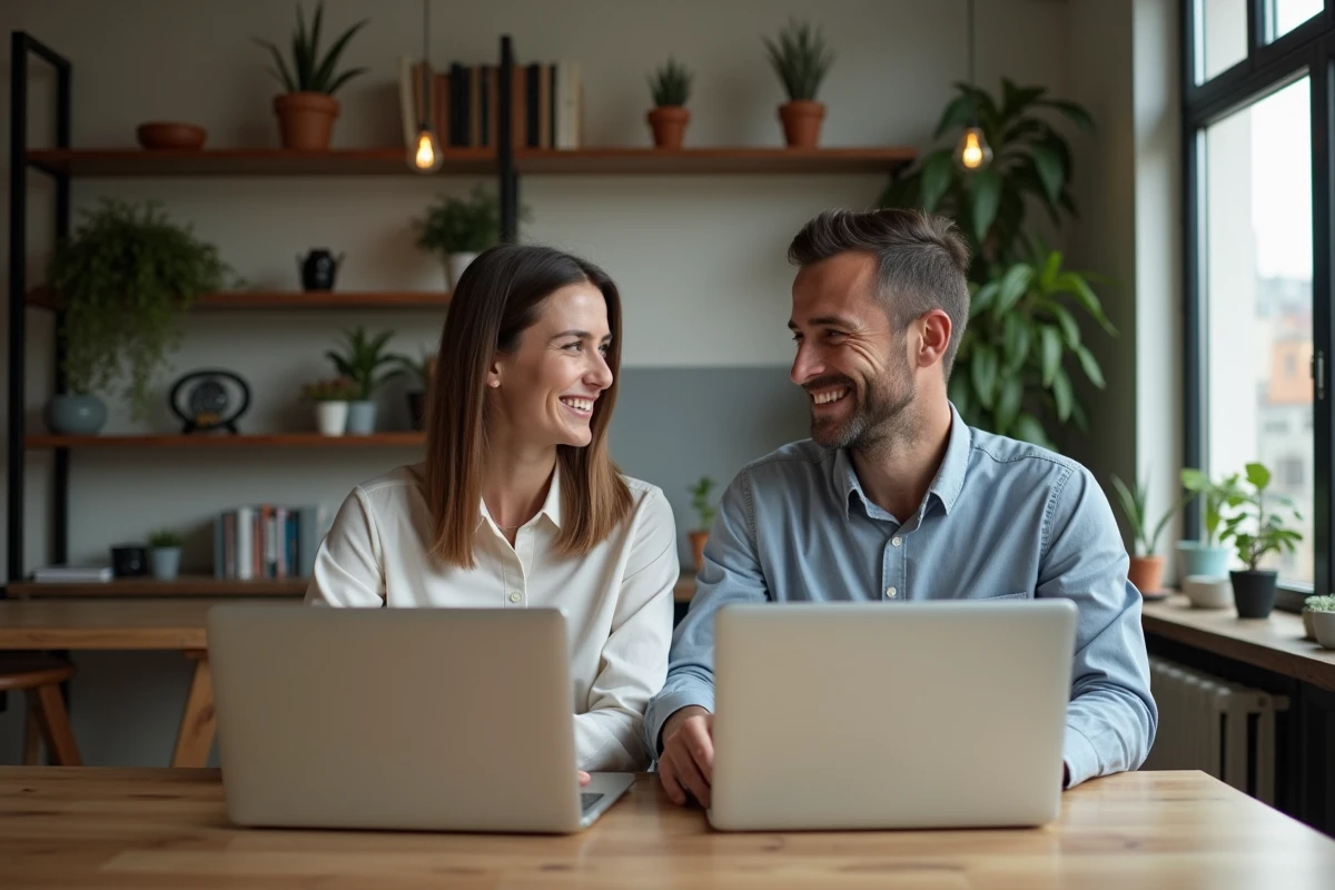 Couple en travail dans un appartement cosy et décoré