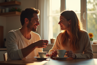 Couple en matinée partageant un café dans la cuisine