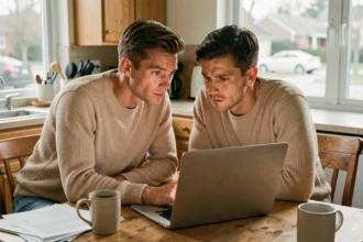 Un couple examine des offres de week-ends en famille sur un site de bons plans depuis leur cuisine