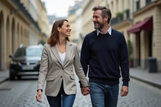 Couple complice se promenant dans une rue pavée parisienne, partageant un moment de rire spontané