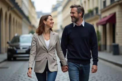 Couple complice se promenant dans une rue pavée parisienne, partageant un moment de rire spontané