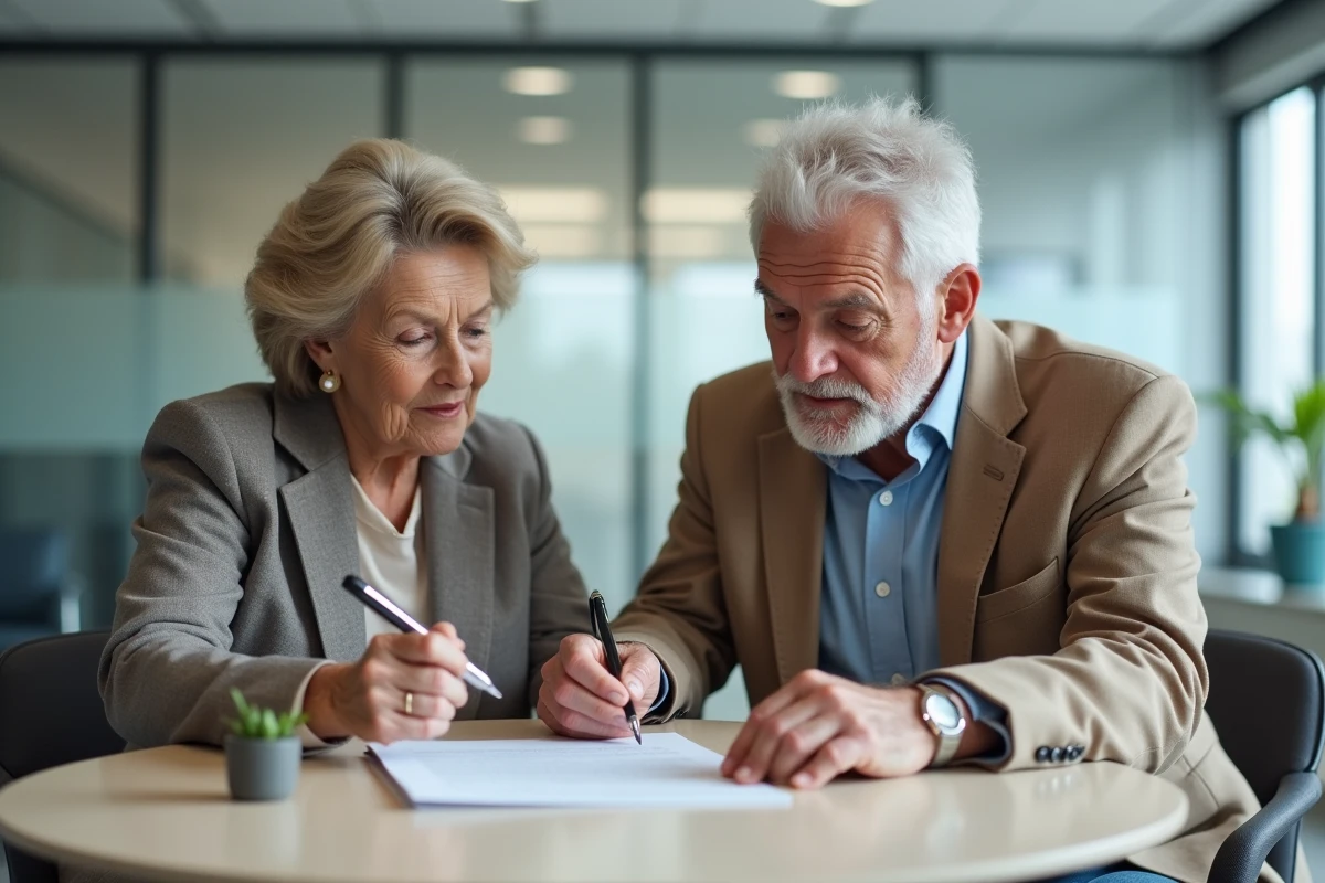 Couple de seniors consultant un document de testament dans un bureau notarial moderne