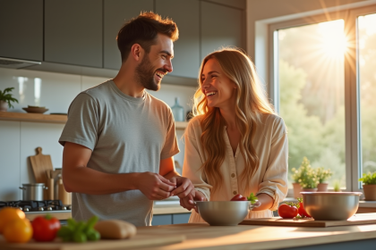 Couple souriant préparant un repas dans une cuisine lumineuse
