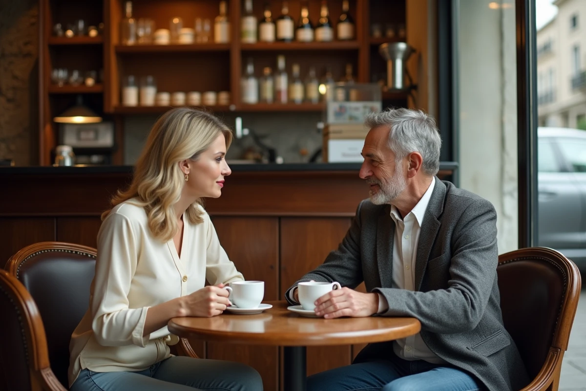 Couple discret assis dans un café parisien, évoquant la vie sentimentale privée et la discrétion des personnalités publiques