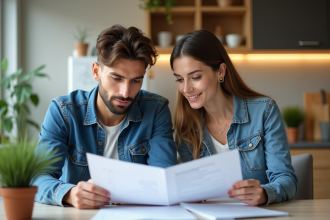 Jeune couple en cuisine étudiant des documents ensemble