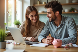Jeune couple discutant finances familiales à la maison