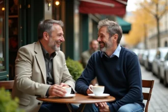 Deux hommes souriants partageant un café en terrasse parisienne, illustrant une complicité naturelle en couple