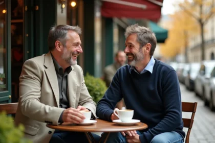 Deux hommes souriants partageant un café en terrasse parisienne, illustrant une complicité naturelle en couple