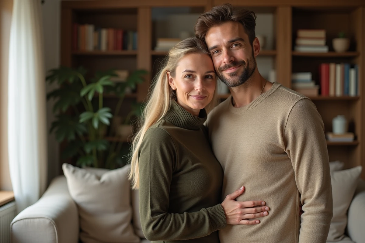 Couple souriant posant ensemble dans un salon chaleureux décoré avec goût, atmosphere intime et naturelle