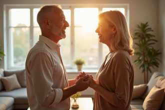 Couple mature échangeant des anneaux dans un salon lumineux