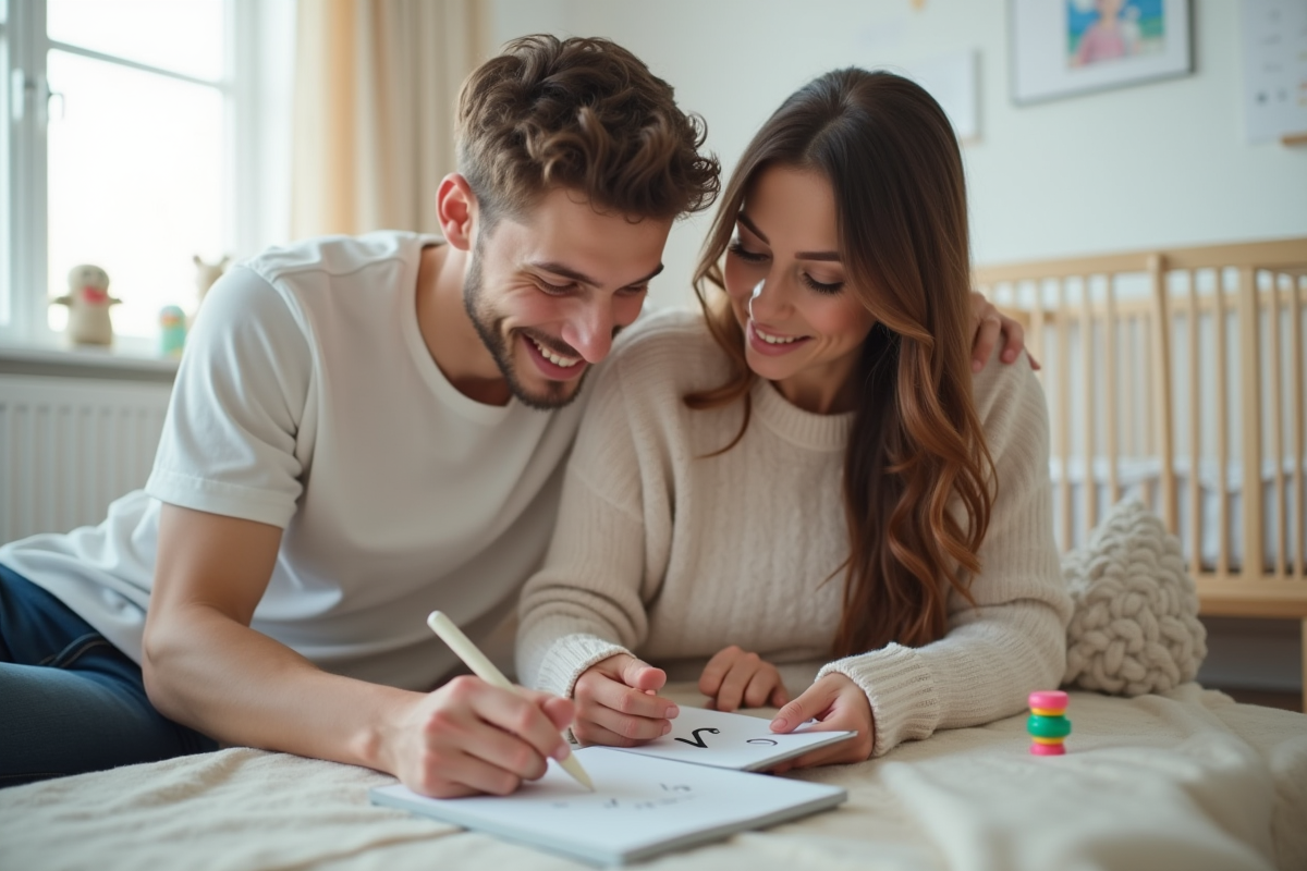 Jeune couple écrivant des noms commençant par V dans une nurserie lumineuse