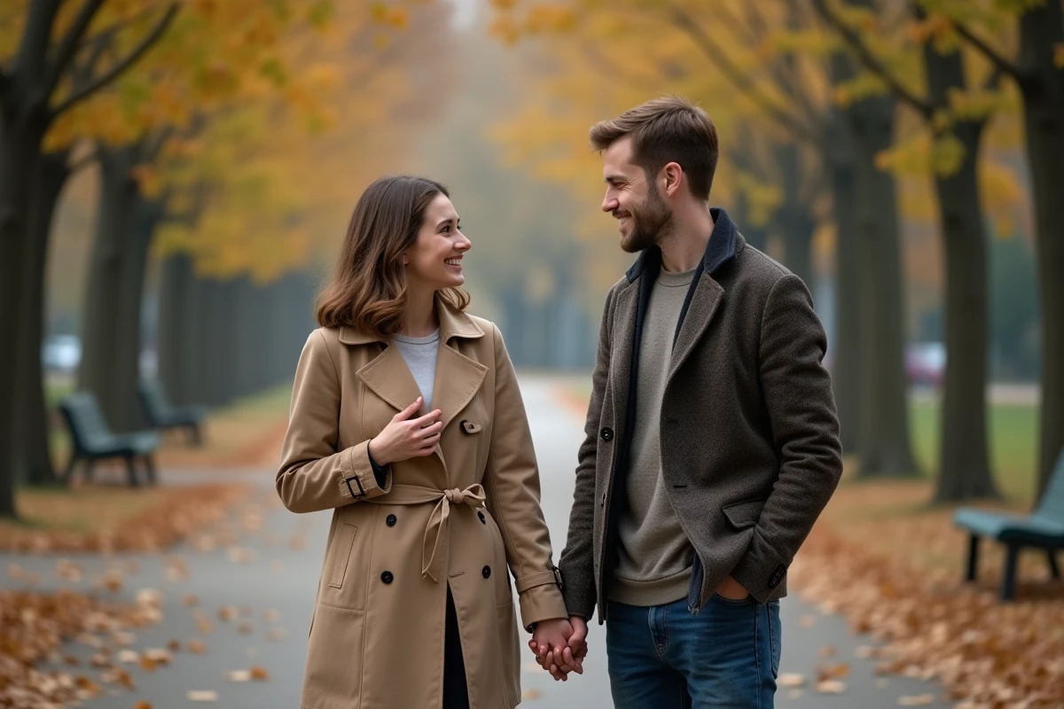 Jeune couple dans un parc automnal en pleine discussion