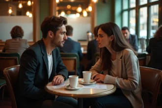 Couple en discussion sérieuse dans un café parisien, illustrant la pression d'une relation sous tension politique