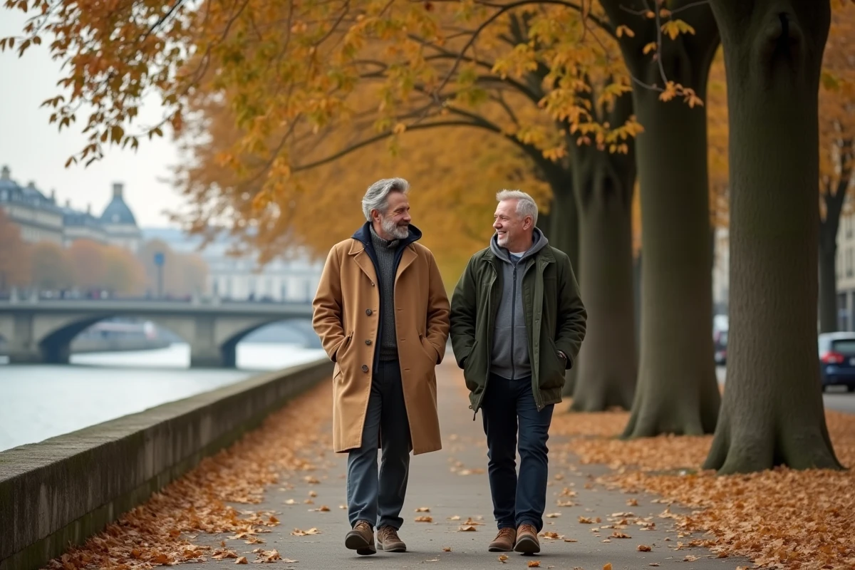 Deux hommes se promenant ensemble le long de la Seine à Paris, illustrant la vie de couple discrète loin des projecteurs