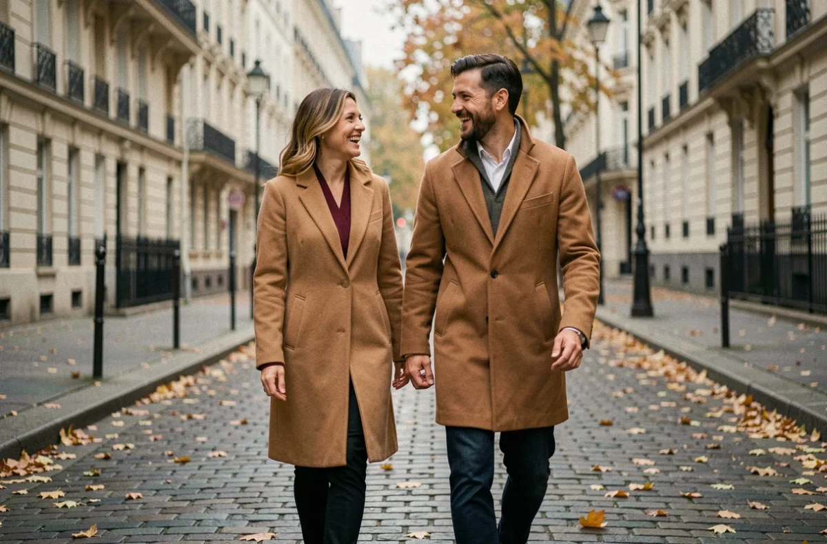 Couple complice se promenant dans une rue pavée parisienne en automne, capturant la vie quotidienne et intime partagée entre scène et vie privée