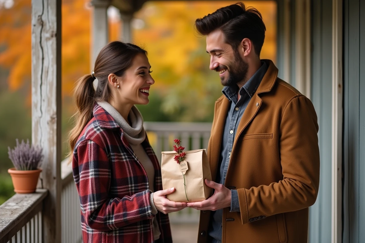 Couple sur une terrasse en automne, femme offrant un cadeau personnalisé pour annoncer sa grossesse au papa