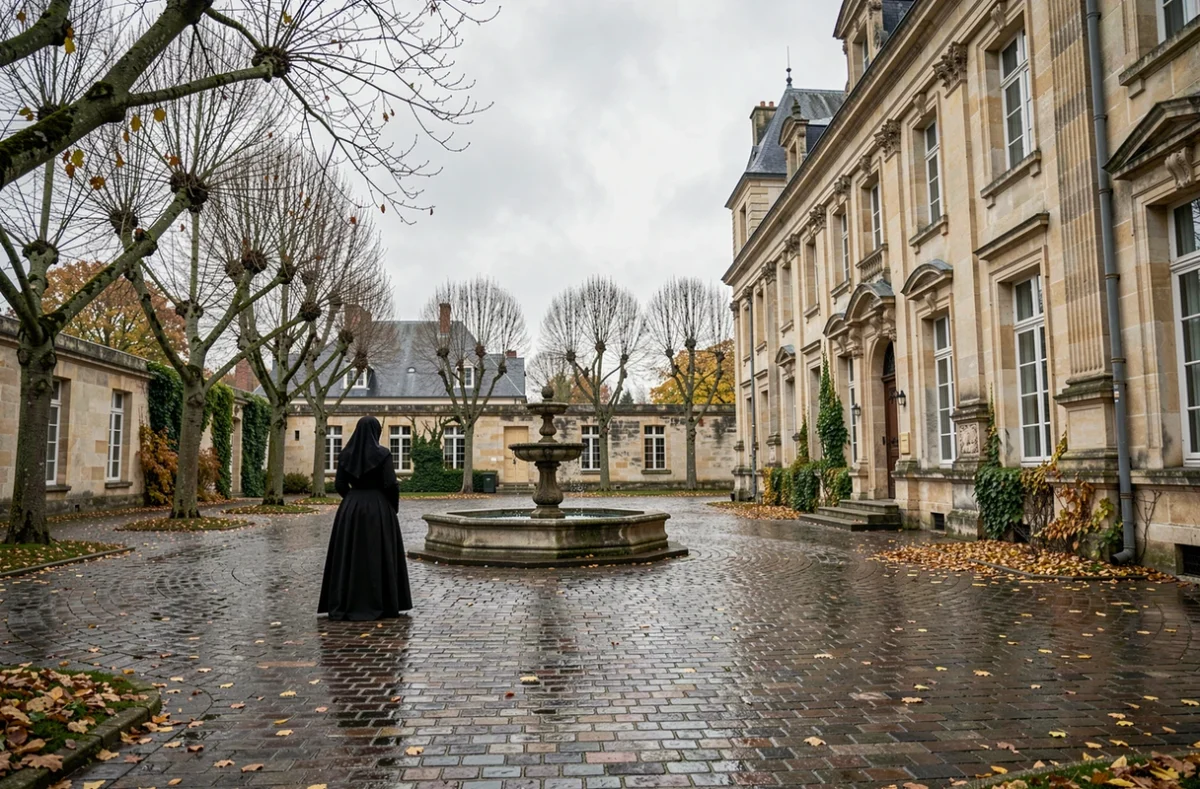 Cour de château Renaissance français en automne avec une femme en deuil de dos près d'une fontaine en pierre, symbolisant le deuil de la cour royale après l'assassinat d'Henri IV