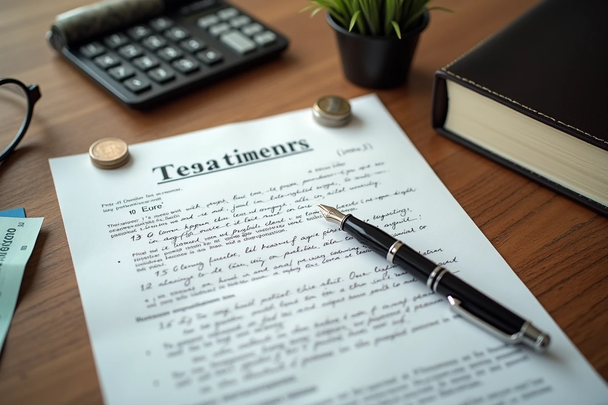 Gros plan sur un document de testament annoté avec stylo plume, lunettes et billets symbolisant les coûts notariaux