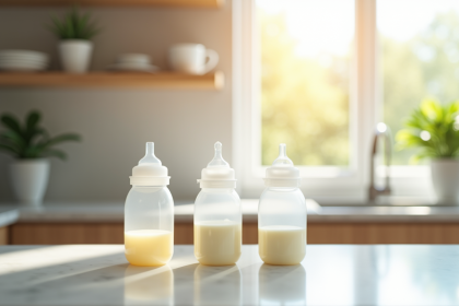 Plan de travail moderne avec biberons de lait maternel et tire-lait