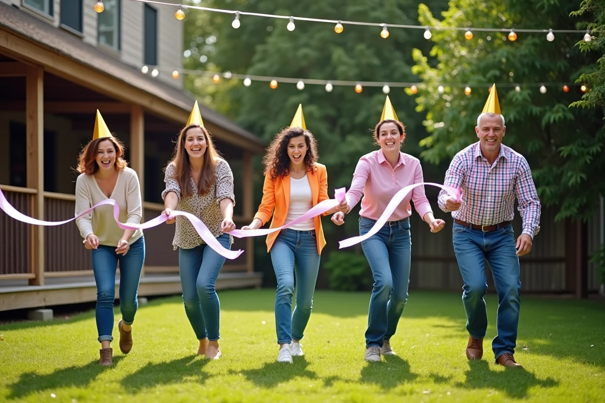 Cinq personnes en défi amusant dans un jardin ensoleille