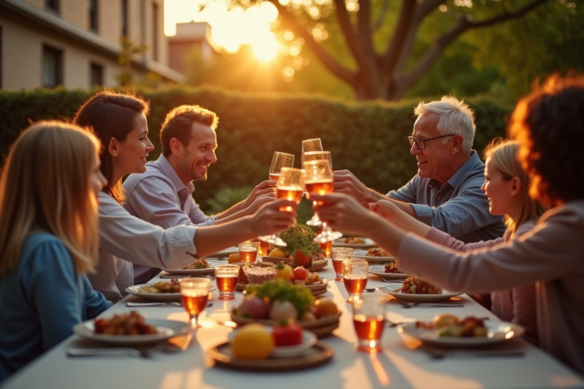 Repas en famille en plein air au coucher du soleil