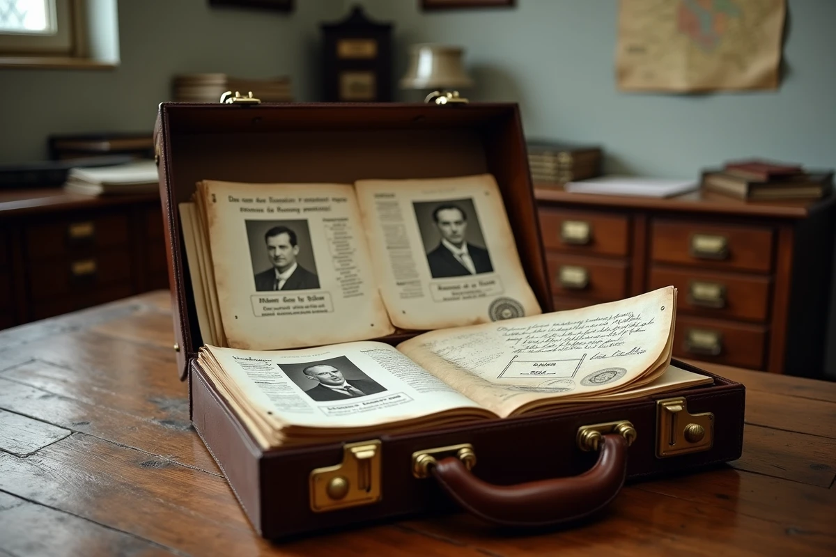 Documents officiels anciens, acte de naissance en cursive française et portraits en noir et blanc éparpillés sur une table en chêne, évoquant les zones d'ombre sur les origines familiales
