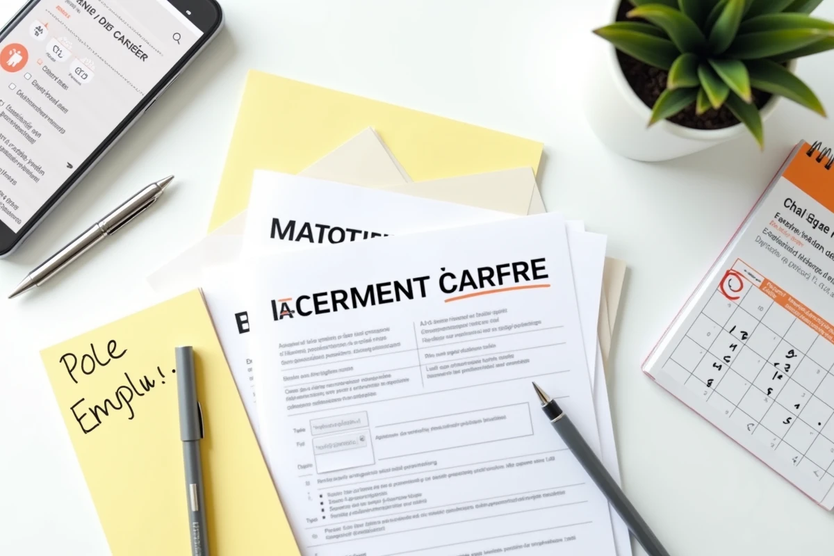 Vue aérienne d'un dossier administratif Pôle emploi pour congé maternité après un CDD, avec formulaires, checklist et calendrier