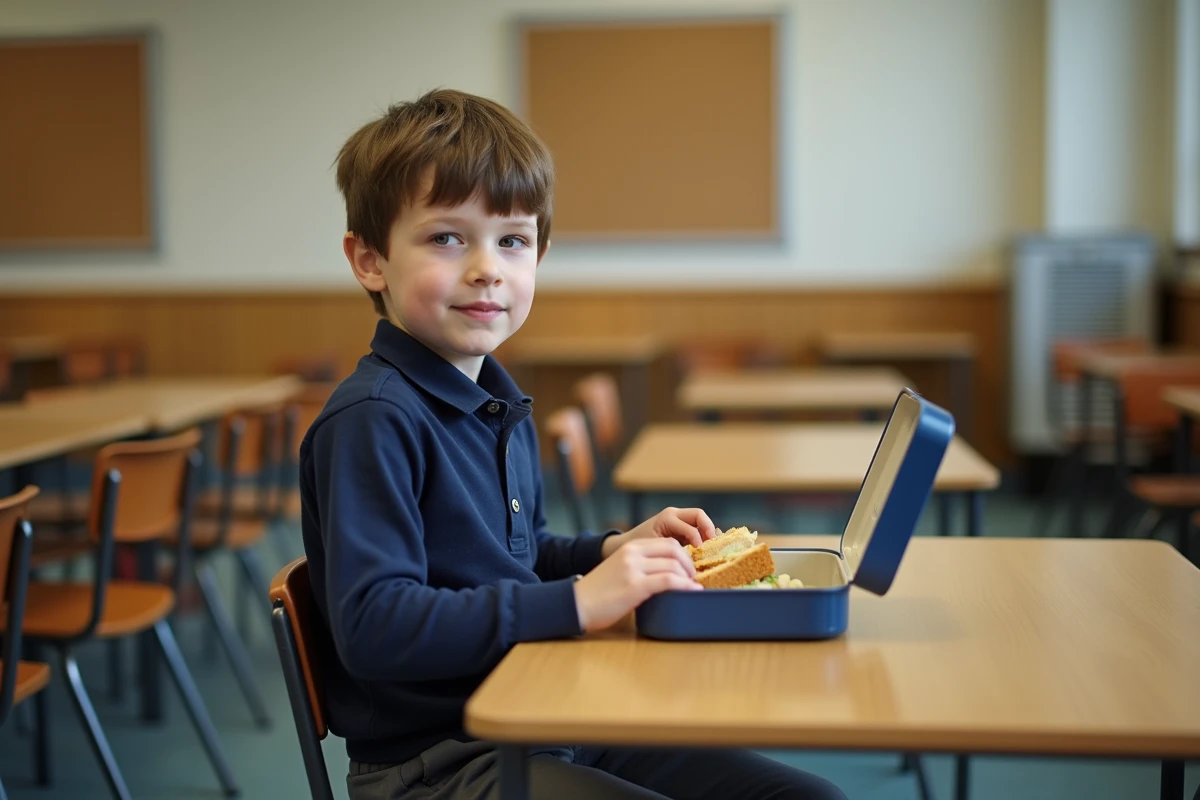 Écolier mangeant un repas fait maison dans sa boîte à lunch pendant la grève de la cantine de son école primaire