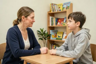 Éducatrice spécialisée en conversation avec un enfant difficile dans un bureau de consultation bienveillant