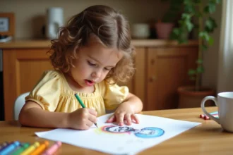 Petite fille dessinant un portrait de son père à la table de cuisine pour la fête des pères