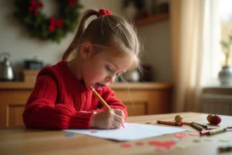 Petite fille écrivant une lettre au Père Noël à la table de cuisine décorée pour Noël