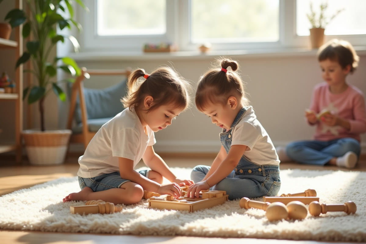 Enfant plus âgé guidant un plus jeune avec une activité Montessori sur un tapis