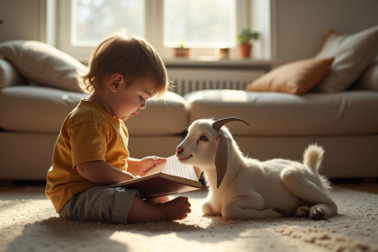 Jeune enfant lisant et caressant une chèvre dans le salon