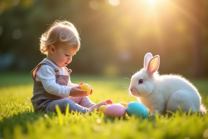 Enfant découvrant des œufs de Pâques colorés dans le jardin