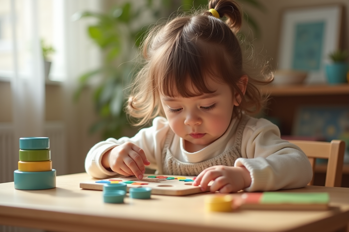 Petite fille de trois ans jouant avec un puzzle coloré