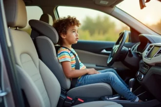 Enfant de 4 ans correctement installé dans un réhausseur auto avec ceinture de sécurité dans un SUV familial