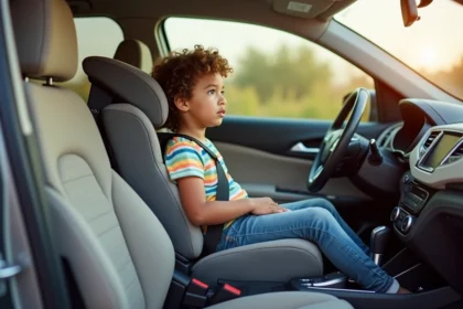 Enfant de 4 ans correctement installé dans un réhausseur auto avec ceinture de sécurité dans un SUV familial