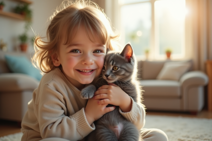 Enfant souriant tenant un chaton gris dans un salon lumineux