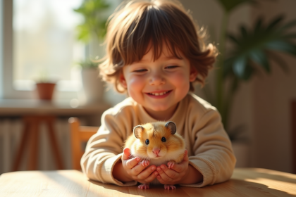 Jeune enfant souriant tenant un hamster doré dans ses mains