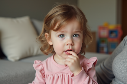 Petite fille curieuse en robe rose dans un salon cosy